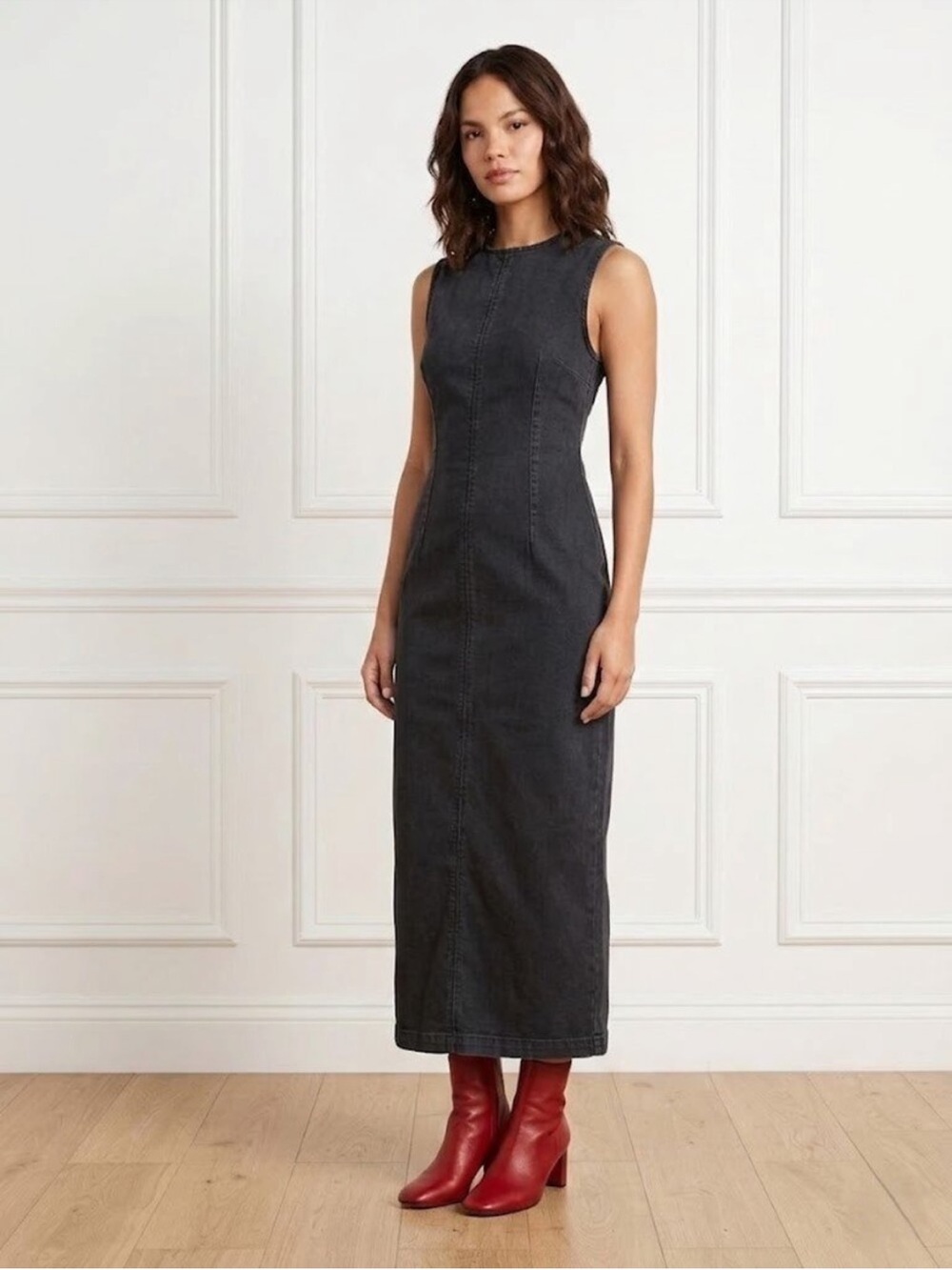 Reformation Kendi Dress in Washed Black Sleeveless Column Midi Stretch Denim